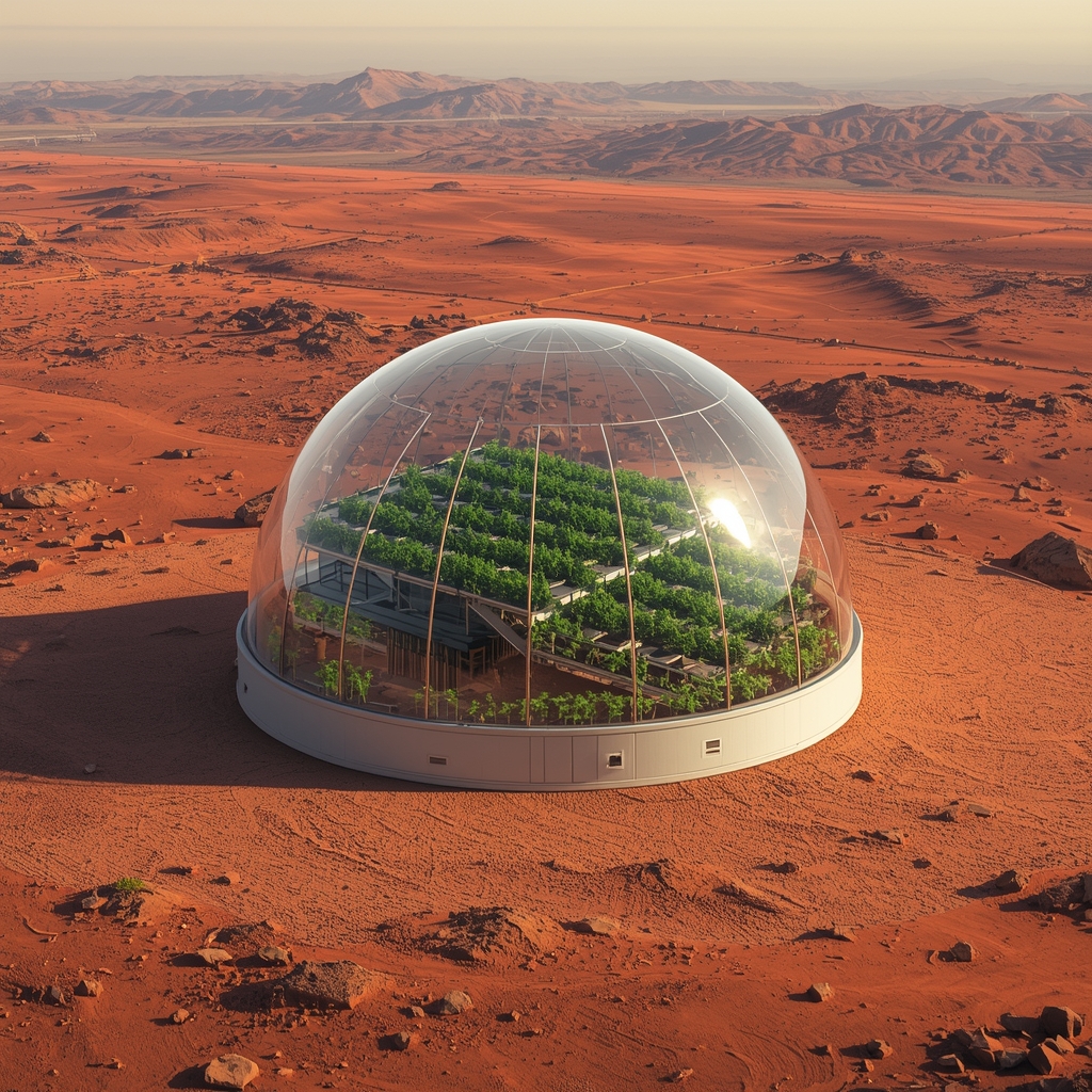 sustainable mars colony habitat under transparent glass dome, red planet landscape outside, green hydroponic vertical gardens inside, futuristic architecture, 8k, no people